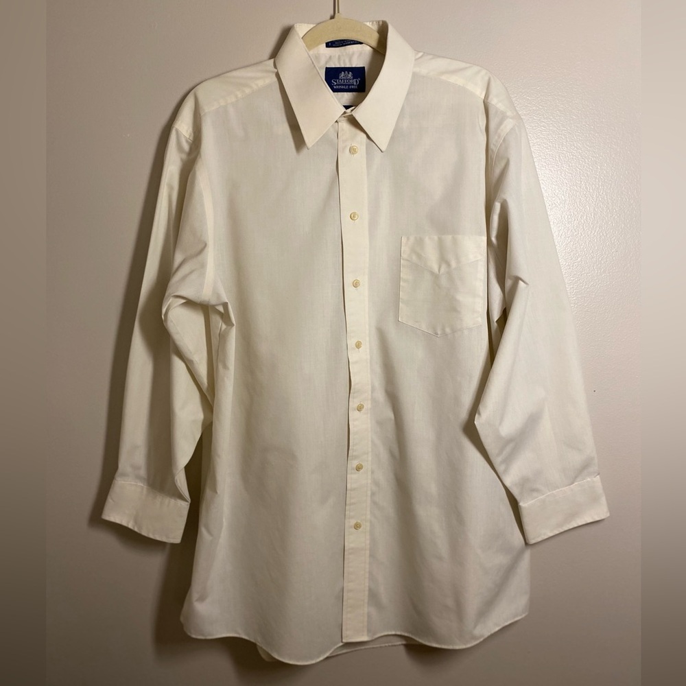 Stafford Classic Cream Button Down Dress Shirt Neck 17 Wrinkle Free Broadcloth